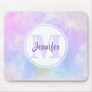 Stylish Purple Pink Blue Watercolor Monogram Mouse Pad