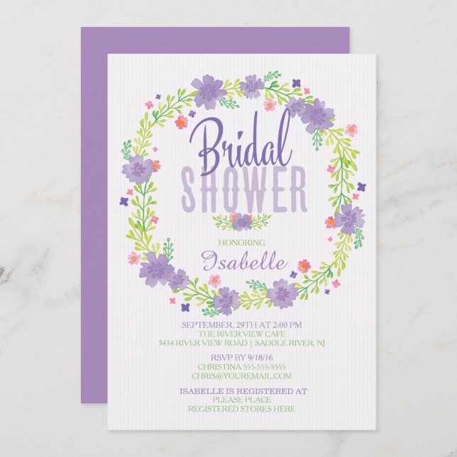 Stylish Purple Pink Floral Wreath Bridal Shower Invitation (Front/Back)