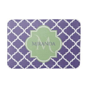 Stylish Purple Quatrefoil and Name Green Monogram Bath Mat