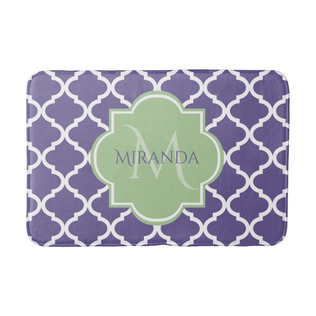 Stylish Purple Quatrefoil and Name Green Monogram Bath Mat (Front)