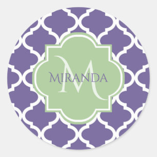 Stylish Purple Quatrefoil and Name Green Monogram Classic Round Sticker