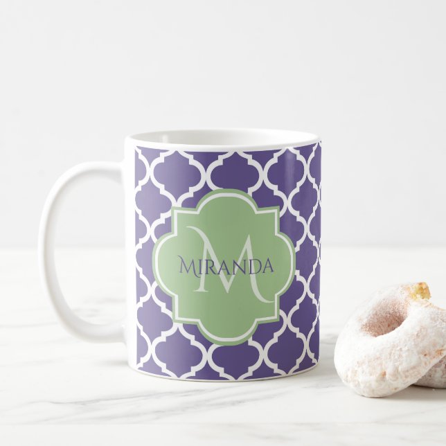 Stylish Purple Quatrefoil and Name Green Monogram Coffee Mug (With Donut)
