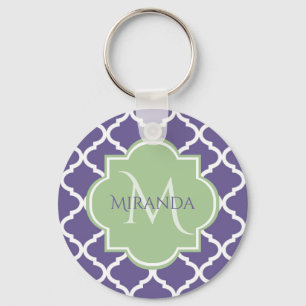 Stylish Purple Quatrefoil and Name Green Monogram Key Ring