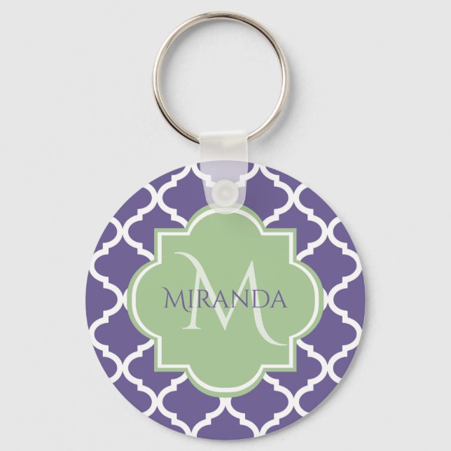 Stylish Purple Quatrefoil and Name Green Monogram Key Ring (Front)