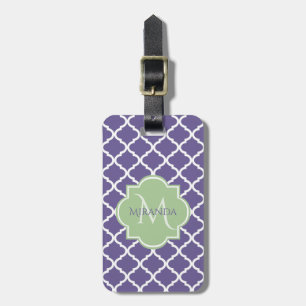 Stylish Purple Quatrefoil and Name Green Monogram Luggage Tag