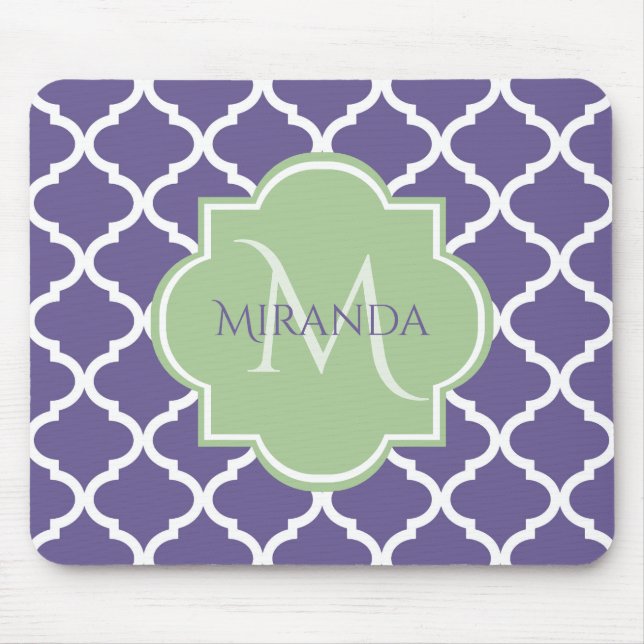 Stylish Purple Quatrefoil and Name Green Monogram Mouse Pad (Front)