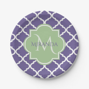 Stylish Purple Quatrefoil and Name Green Monogram Paper Plate