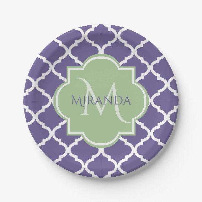 Stylish Purple Quatrefoil and Name Green Monogram Paper Plate (Front)