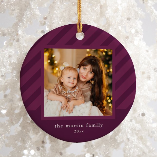 Stylish Purple Stripe Simple Photo Christmas Ceramic Ornament (Creator Uploaded)
