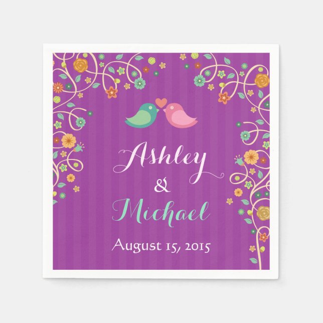 Stylish Purple Swirl Floral Love Birds Wedding Napkin (Front)