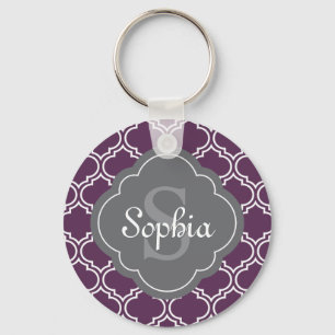 Stylish Purple Trellis Grey Monogram Key Ring