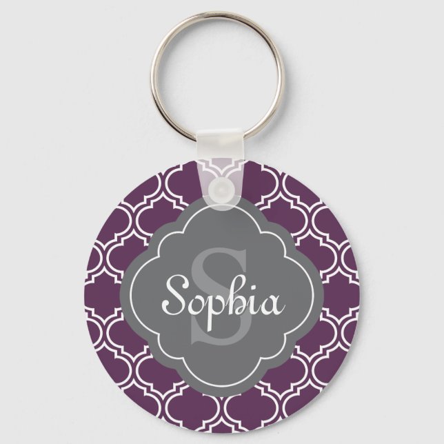 Stylish Purple Trellis Grey Monogram Key Ring (Front)