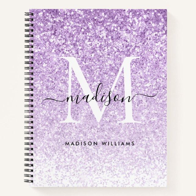 Stylish Purple Violet Glitter Sparkle Monogram Notebook (Front)