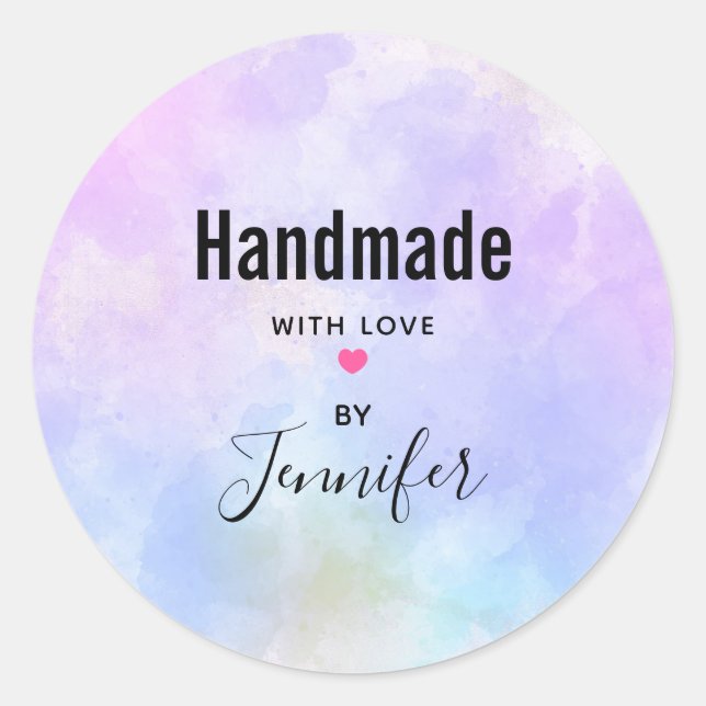 Stylish Purple Watercolor Handmade with Love Classic Round Sticker (Front)