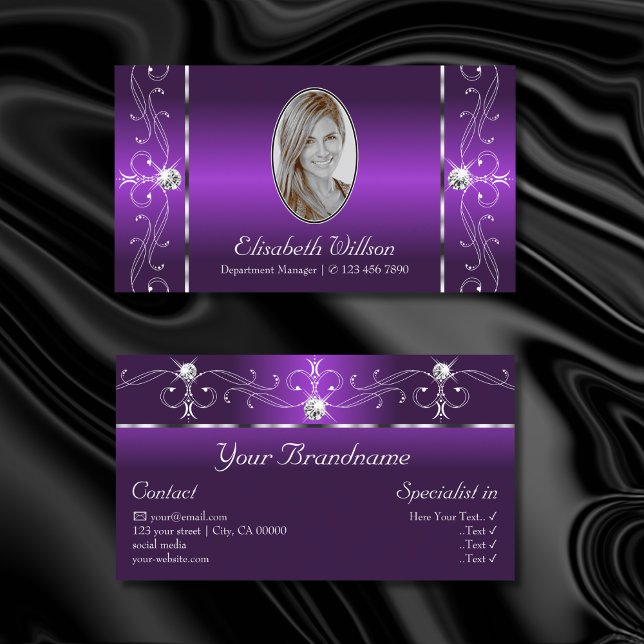 Stylish Purple White Squiggled Jewels with Photo Business Card (Creator Uploaded)