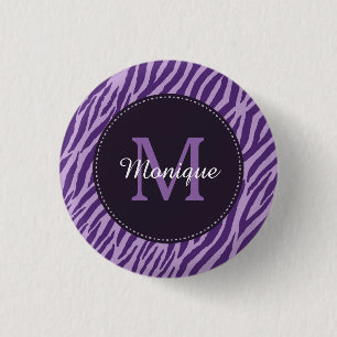 Stylish Purple Zebra Print With Monogram and Name 3 Cm Round Badge