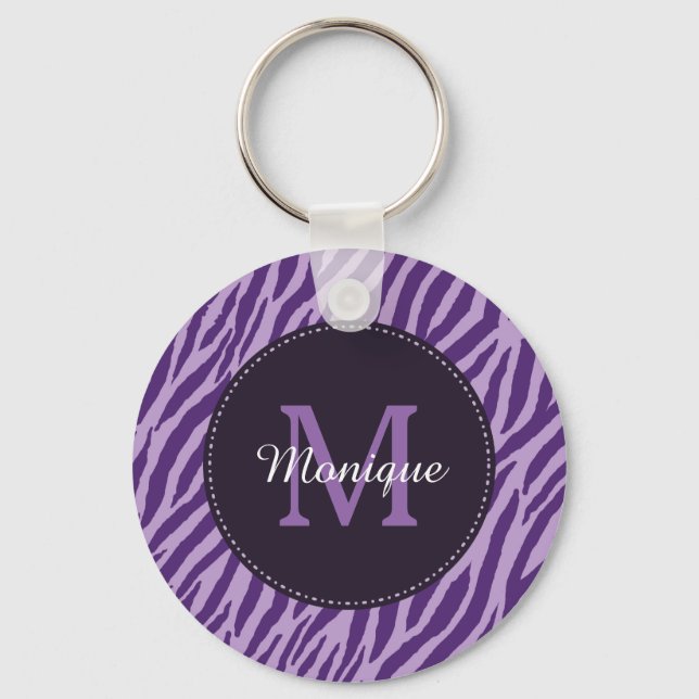 Stylish Purple Zebra Print With Monogram and Name Key Ring (Front)