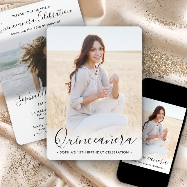 Stylish Quinceañera Script 2 Photo 15th Birthday Invitation (Creator Uploaded)