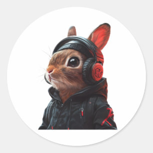 Stylish Rabbit In Black Hoodie And Headphones Digi Classic Round Sticker