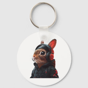 Stylish Rabbit In Black Hoodie And Headphones Digi Key Ring