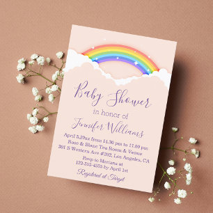 stylish rainbow and clouds pink baby shower purple invitation