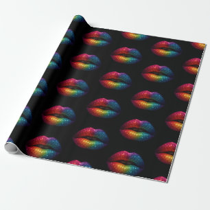 stylish rainbow glitter lips pattern black  wrapping paper