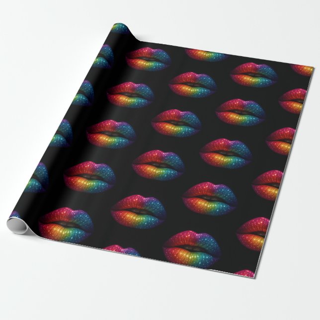 stylish rainbow glitter lips pattern black  wrapping paper (Unrolled)