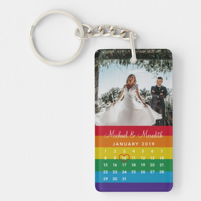 Stylish Rainbow Photo Wedding Date Calendar  Key Ring (Front)
