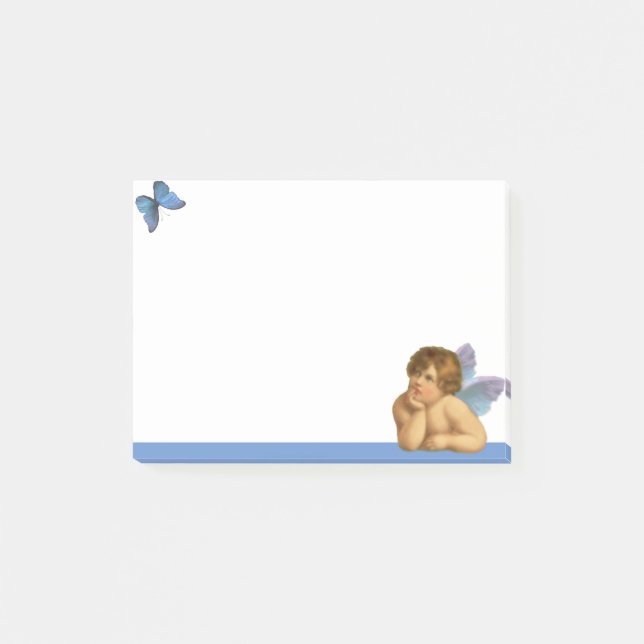 Stylish Raphael Cherub & Blue Butterfly on White Post-it Notes (Front)