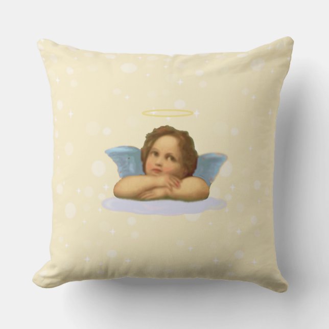 Stylish Raphael Cherub & Light Orbs on Ivory Cushion (Front)