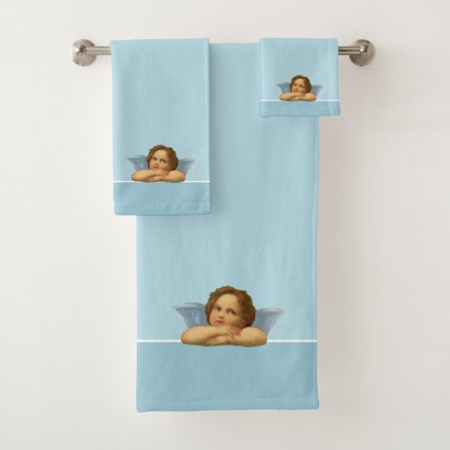 Stylish Raphael Cherub on Light Blue Bath Towel Set (Insitu)