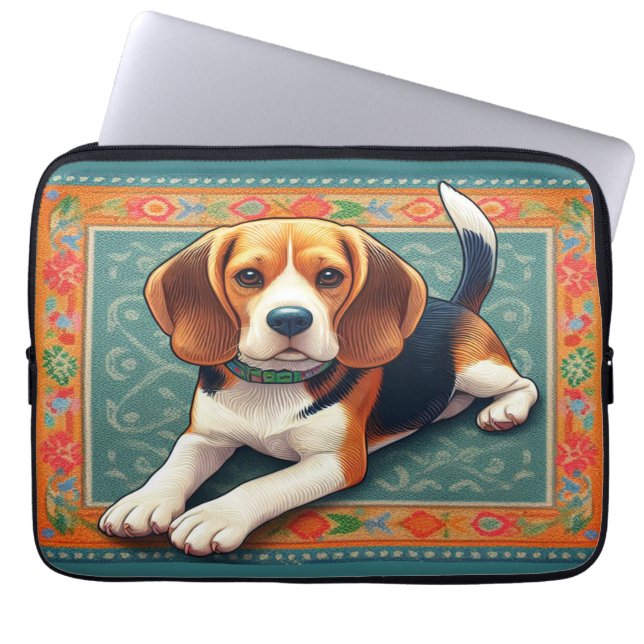 Stylish Realistic 3D Beagle Dog Colourful Border Laptop Sleeve (Front)