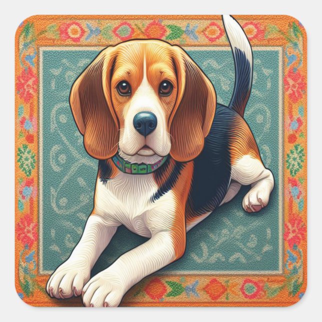 Stylish Realistic 3D Beagle Dog Colourful Border Square Sticker (Front)