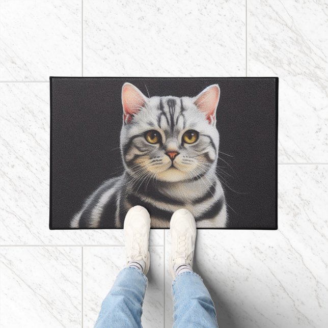 Stylish Realistic American shorthair Cat Black Doormat (Indoor)