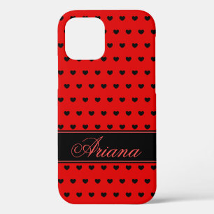 Stylish Red And Black Hearts, Custom Name iPhone 12 Case