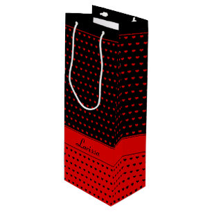 Stylish Red and Black Hearts Pattern, Custom Name Wine Gift Bag