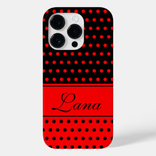 Stylish Red and Black Polka Dots, Custom Name Case-Mate iPhone 14 Pro Case