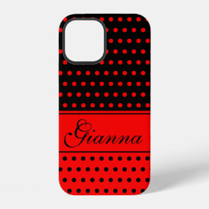 Stylish Red and Black Polka Dots, Custom Name iPhone 12 Case