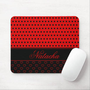 Stylish Red And Black Polka Dots Custom Name Mouse Pad