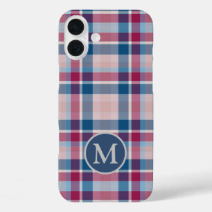 Stylish Red and Blue Classic Plaid Monogram iPhone 16 Plus Case