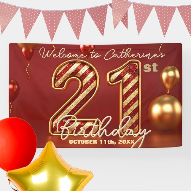 Stylish Red and Gold 21st Birthday Celebration Banner (Creator Uploaded)