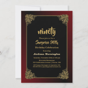 Stylish Red and Gold Border Surprise 90th Birthday Invitation