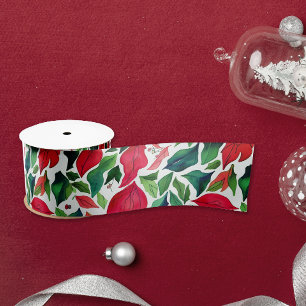 Stylish Red And Green Leaves Christmas Watercolor Satin Ribbon