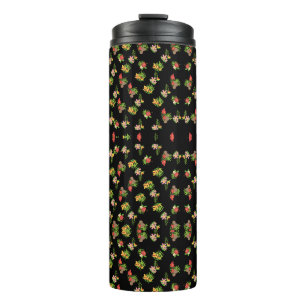 Stylish red and pink wildflower pattern on black thermal tumbler
