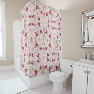 Stylish red and purple floral print on blush pink shower curtain