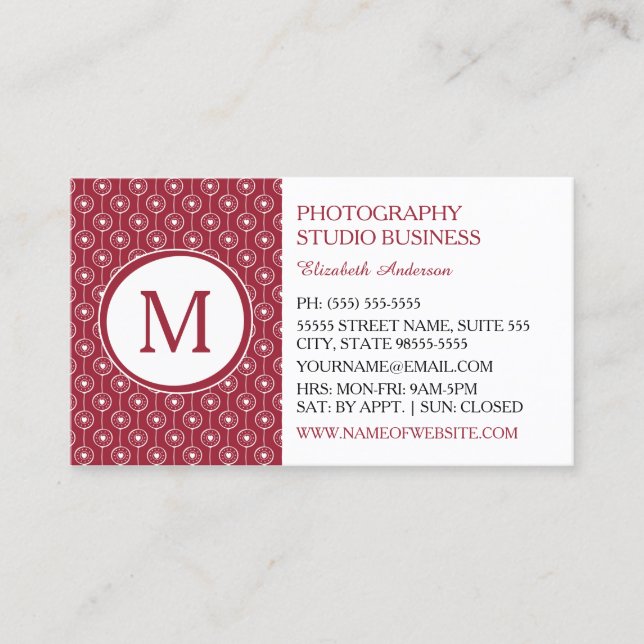 Stylish Red and White Hearts Monogram Photographer Business Card (Front)