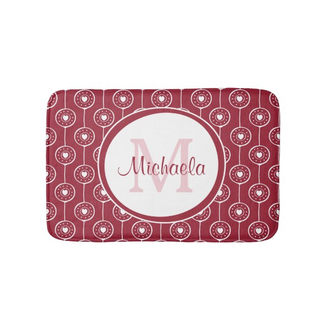 Stylish Red and White Hearts Monogram With Name Bath Mat (Front)