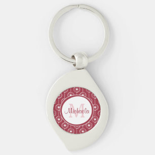 Stylish Red and White Hearts Monogram With Name Key Ring