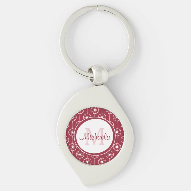 Stylish Red and White Hearts Monogram With Name Key Ring (Front)