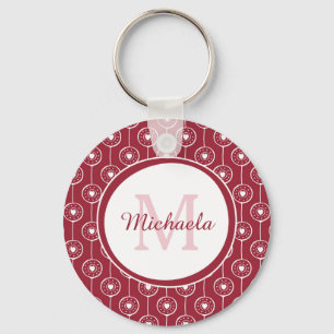 Stylish Red and White Hearts Monogram With Name Key Ring